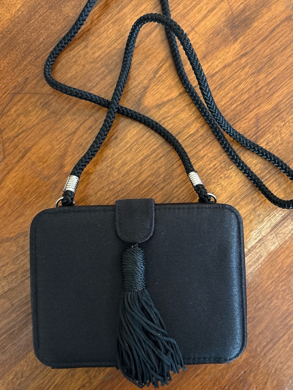 Jessica McClintock Black Crossbody Bag w/Tassel Accent & Silver Hardware-EUC